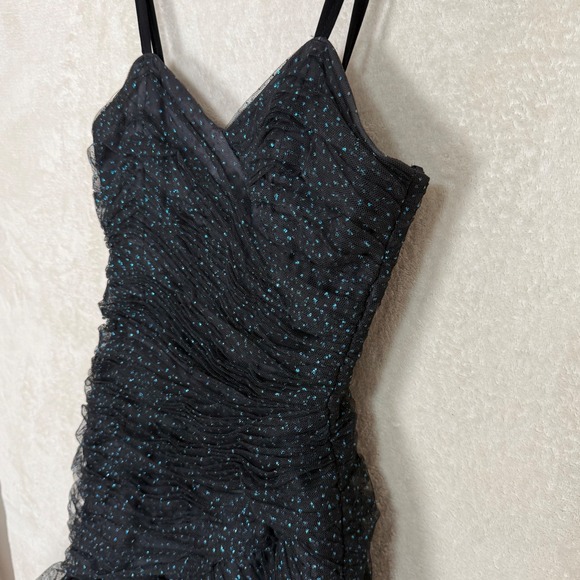 Victor Costa Black Glitter Polka Dot Ruched Tulle Ruffle Mermaid Gown Dress SZ 4 - Picture 11 of 13